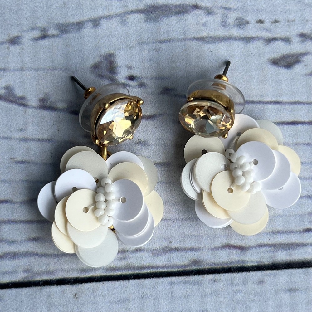 J.Crew White Sequin Flower Drop Earrings Champagne Crystal Gold Tone‎ Post